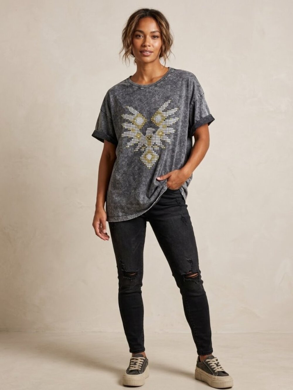 Zutter Mineral Wash Studded Graphic Tee Charcoal Grey Oversized Rocker Top Large